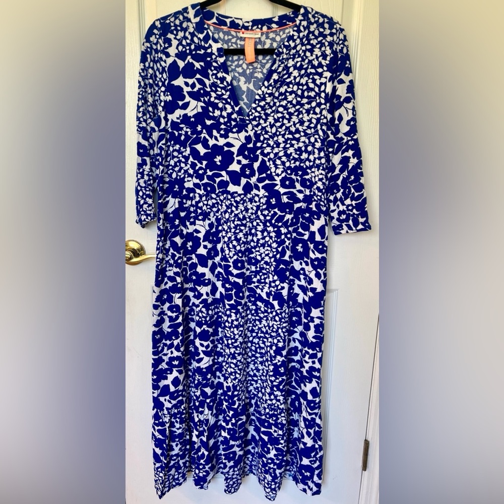 Street One Sz European 38 Maxi Blue White Floral full Dress w Ruffle Bottom